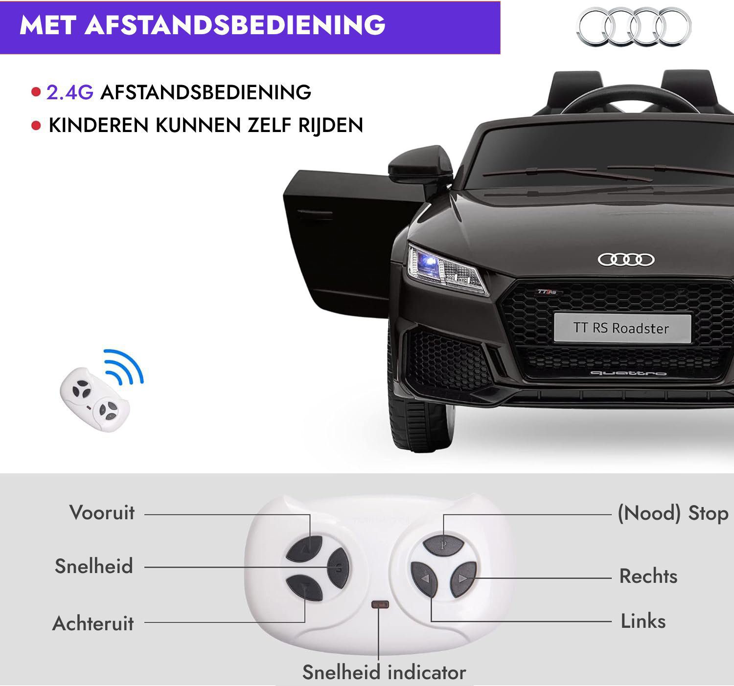 Audi TT RS Roadster Kinderauto 12V Wit – Afstandsbediening, EVA-banden en Kunstleren zitje