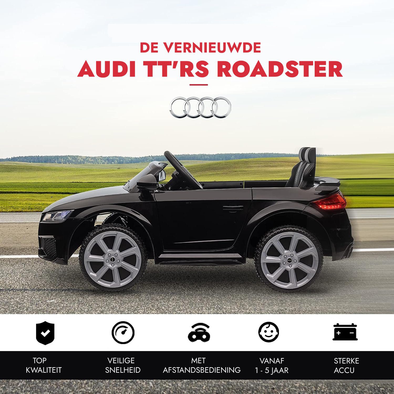 Audi TT RS Roadster Kinderauto 12V Wit – Afstandsbediening, EVA-banden en Kunstleren zitje